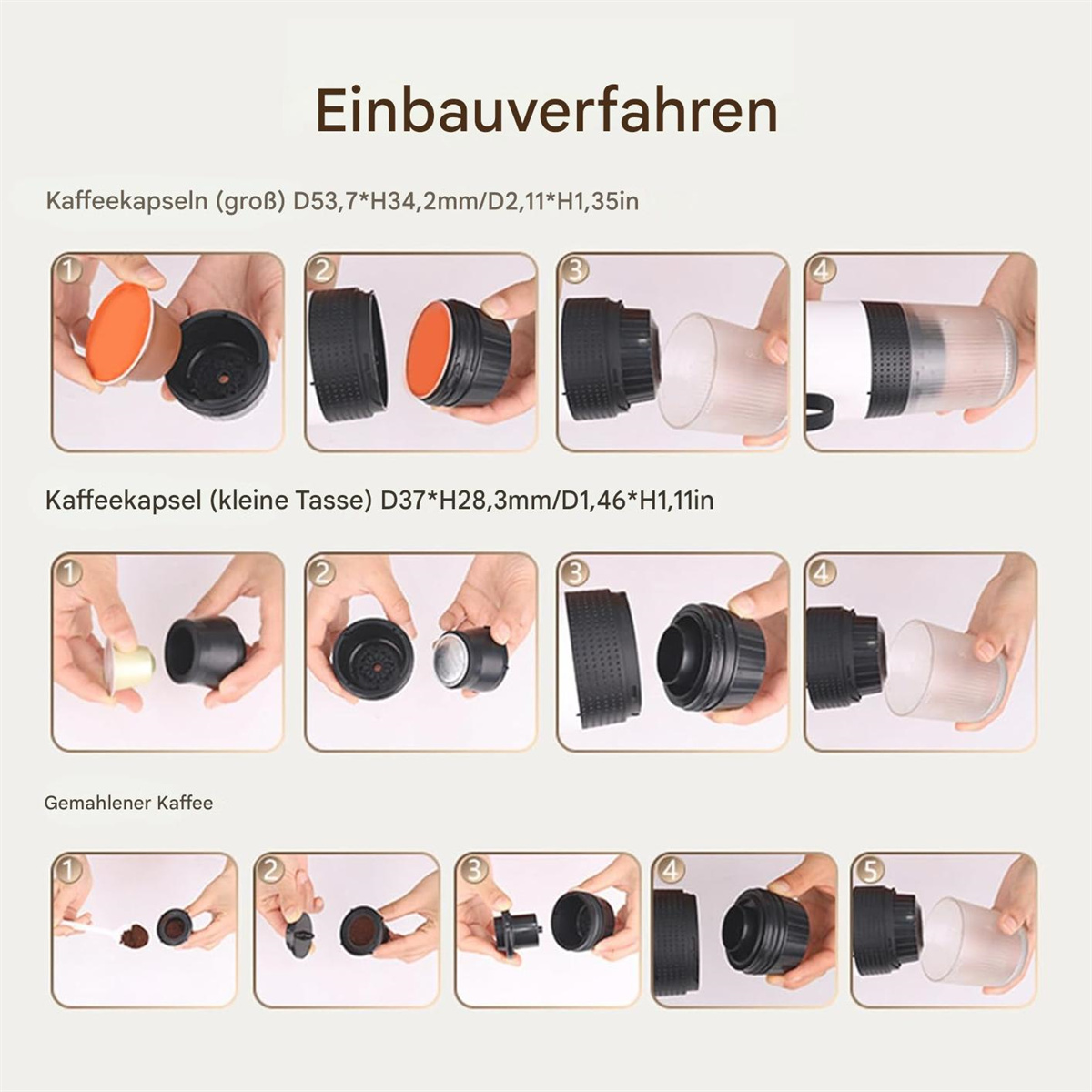 Schritt-für-Schritt-Anleitung. Zeigt, wie man Kaffeekapseln zusammenbaut und gemahlenen Kaffee mit einem Gerät verwendet.