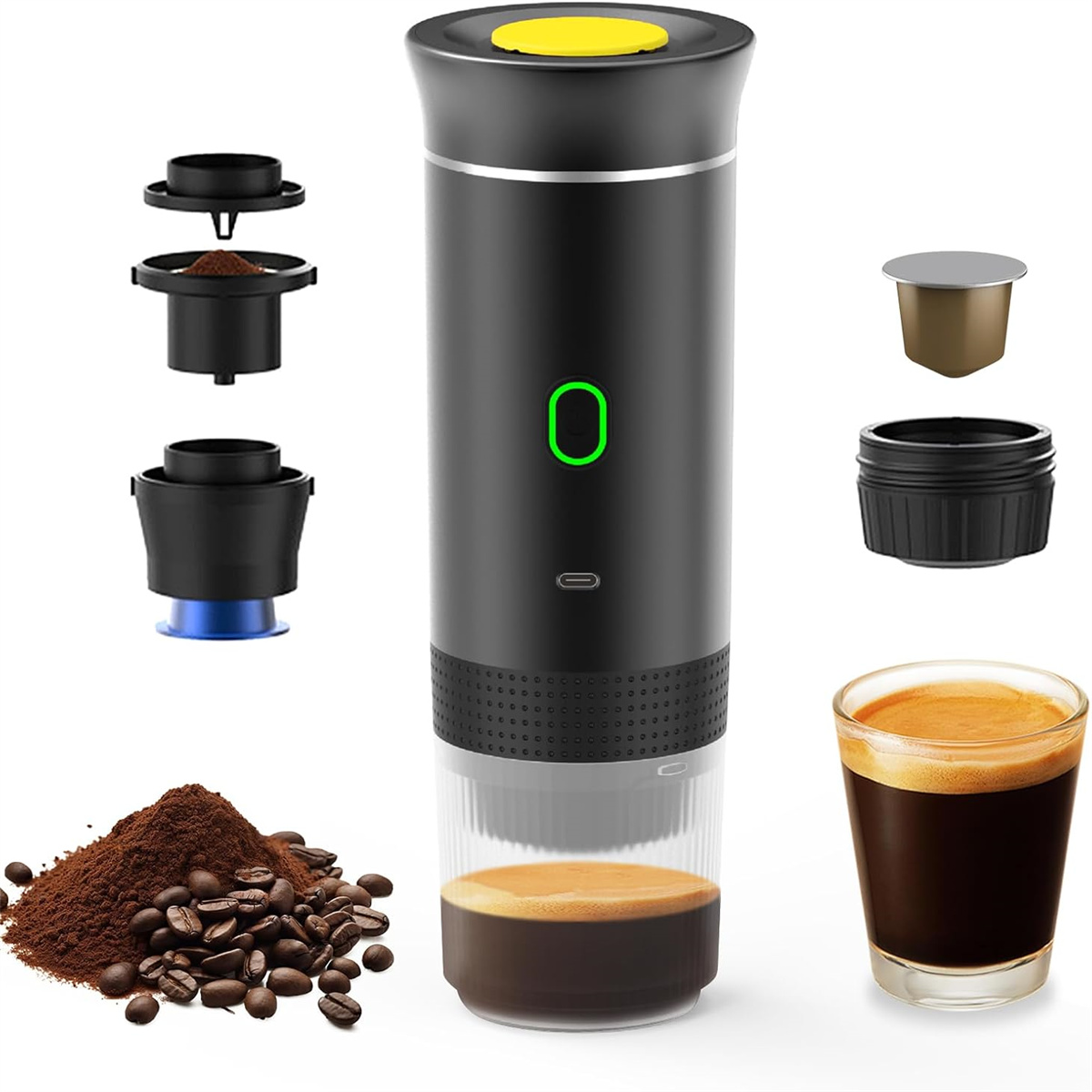 Ein schwarzer Kaffeezubereiter zerlegt. Kaffeebohnen und ein Glas Kaffee werden gezeigt.