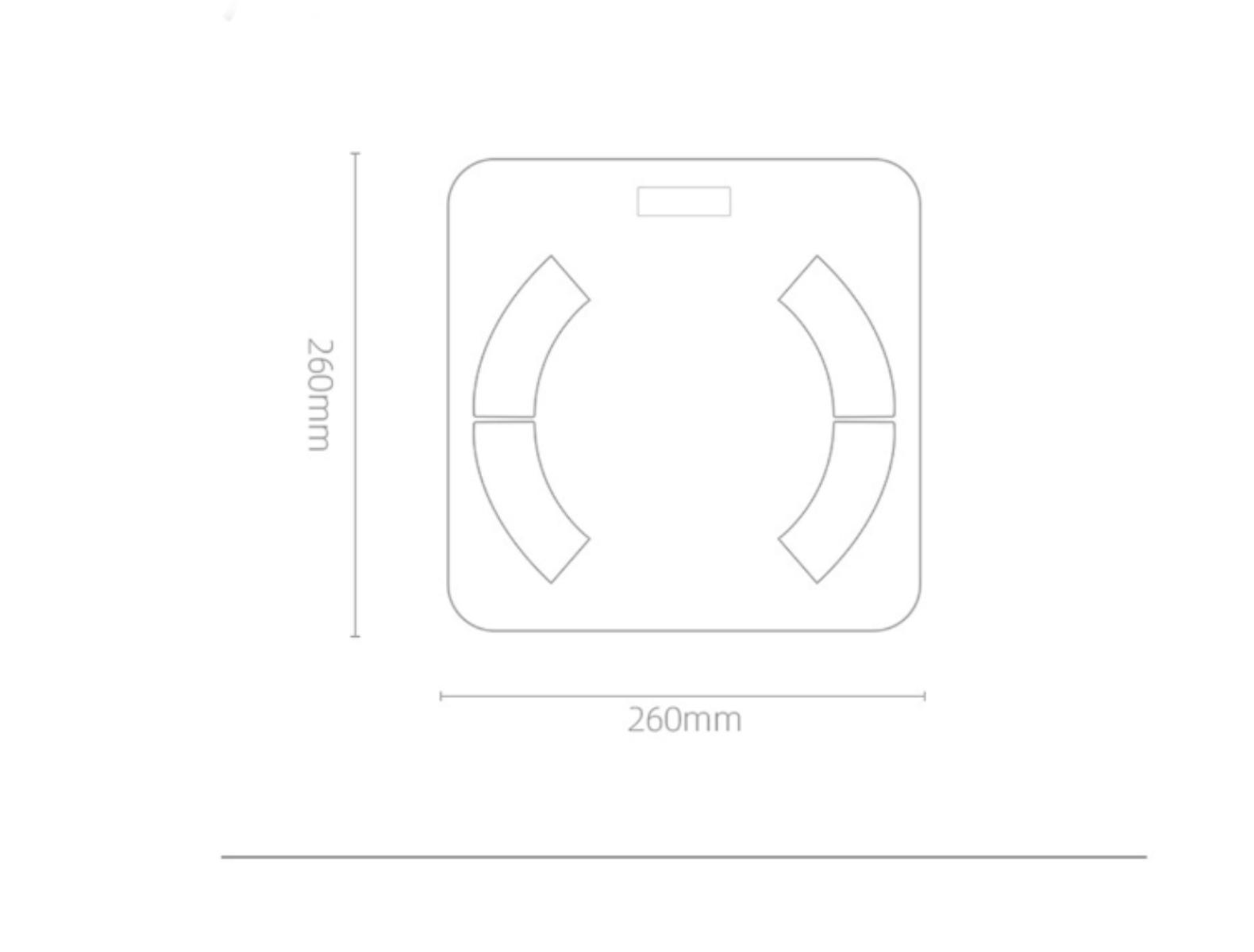 Draufsicht, ein Diagramm einer Waage mit Abmessungen.