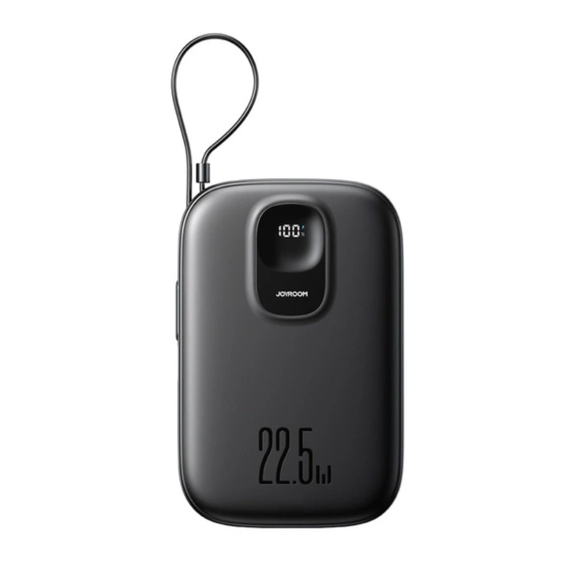 Czarny power bank z pętlą i wyświetlaczem pokazującym poziom naładowania.
