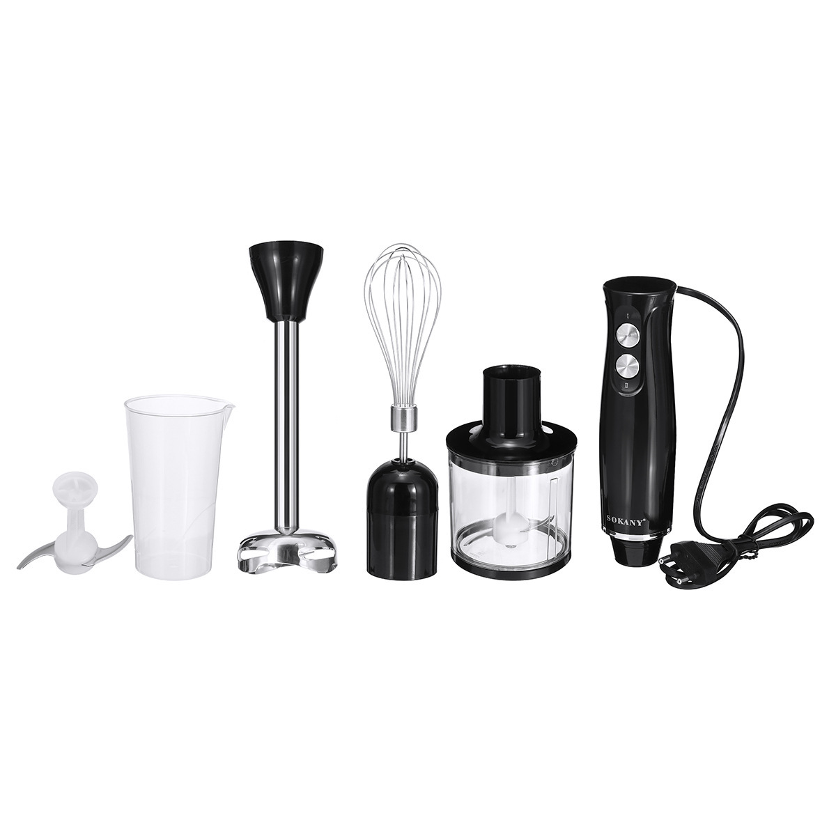 Set von Küchenwerkzeugen: Mixer, Becher, Schneebesen und Klingen auf weißem Hintergrund.