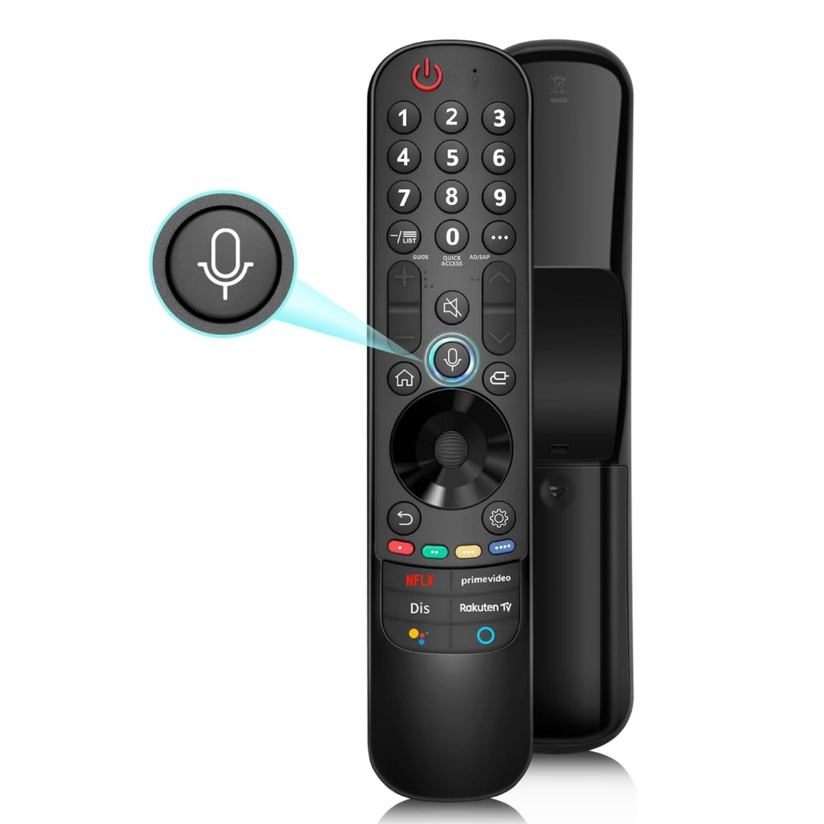 Schwarze TV-Fernbedienung mit Tasten und einem hervorgehobenen Mikrofonsymbol.