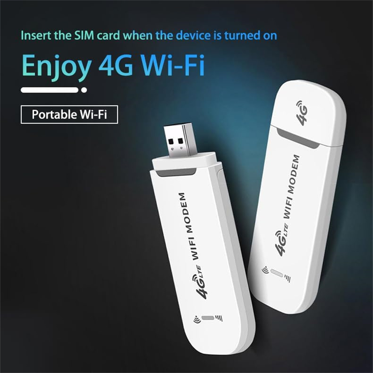 Zwei weiße 4G-WLAN-Modems auf dunkelblauem Hintergrund. Text: Enjoy 4G Wi-Fi.