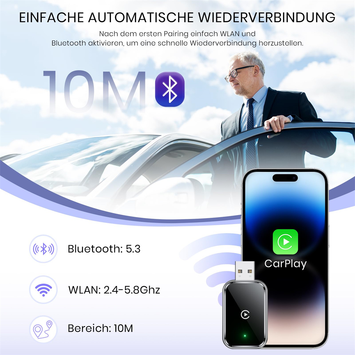 Das Bild zeigt einen Mann in der Nähe eines Autos, ein Telefon mit CarPlay und einen Bluetooth-WLAN-Adapter. Text zeigt 10m Reichweite.
