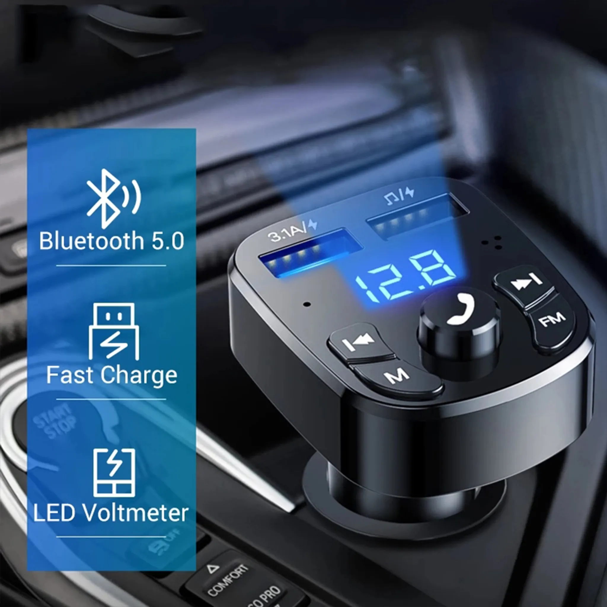 Schwarzes Autoladegerät mit Display und Tasten, mit Bluetooth 5.0, Schnelllade- und LED-Voltmeter-Symbolen.