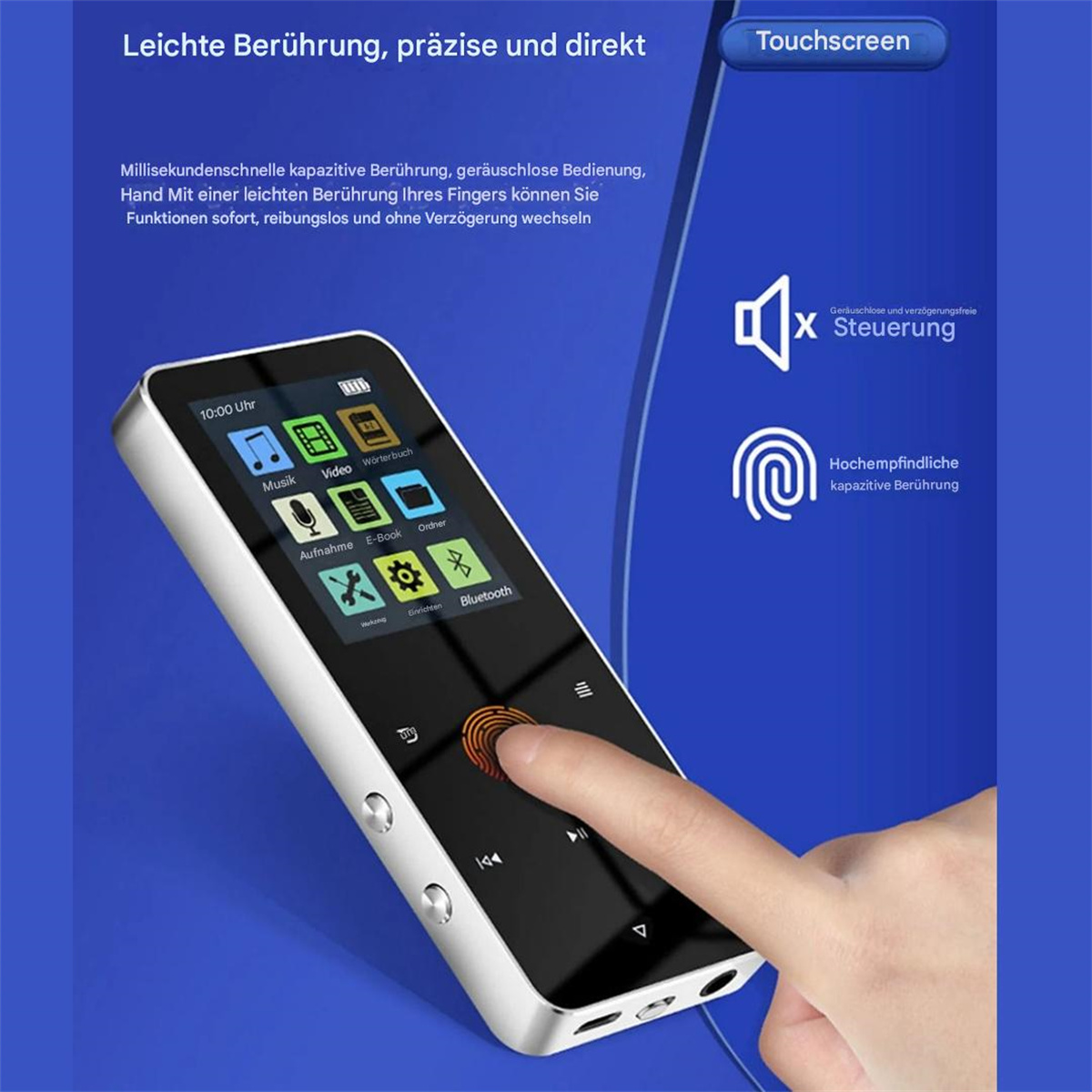 Eine Hand bedient ein Touchscreen-Gerät mit Symbolen. Das Gerät ist schlank und kompakt.
