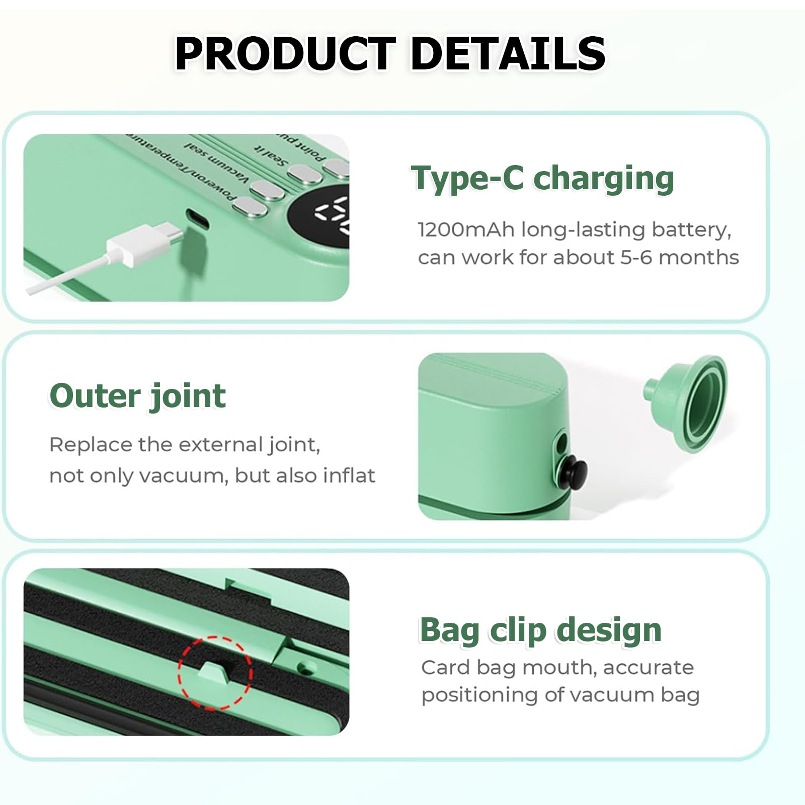 Produktdetails: Typ-C-Aufladung, Außengelenk und Beutelclip-Design. Grünes Vakuumiergerät.