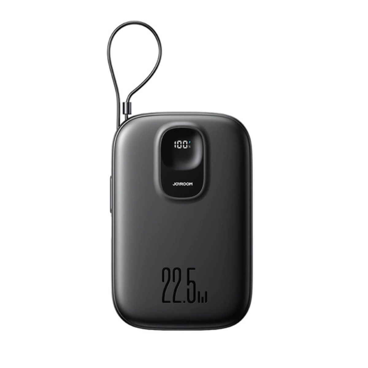 Czarny power bank. Wyświetla "100%" i "22.5". Ma pętlę i port USB-A.