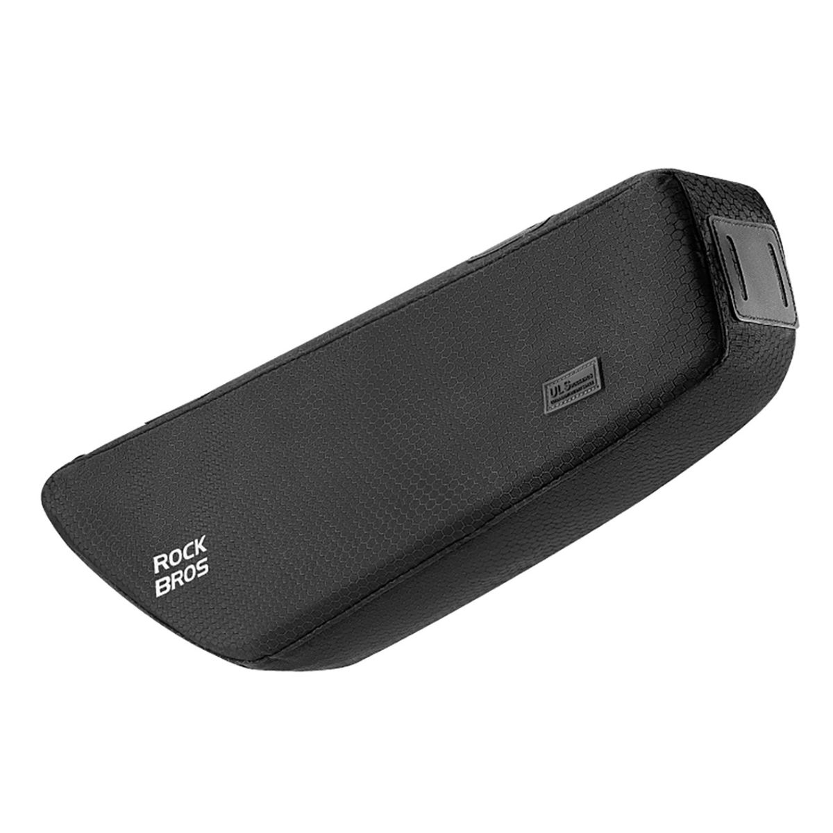 Schwarze Fahrradtasche nach oben abgewinkelt. Wabenmuster, RockBros-Logo auf der Seite. Die Tasche ist schwarz.
