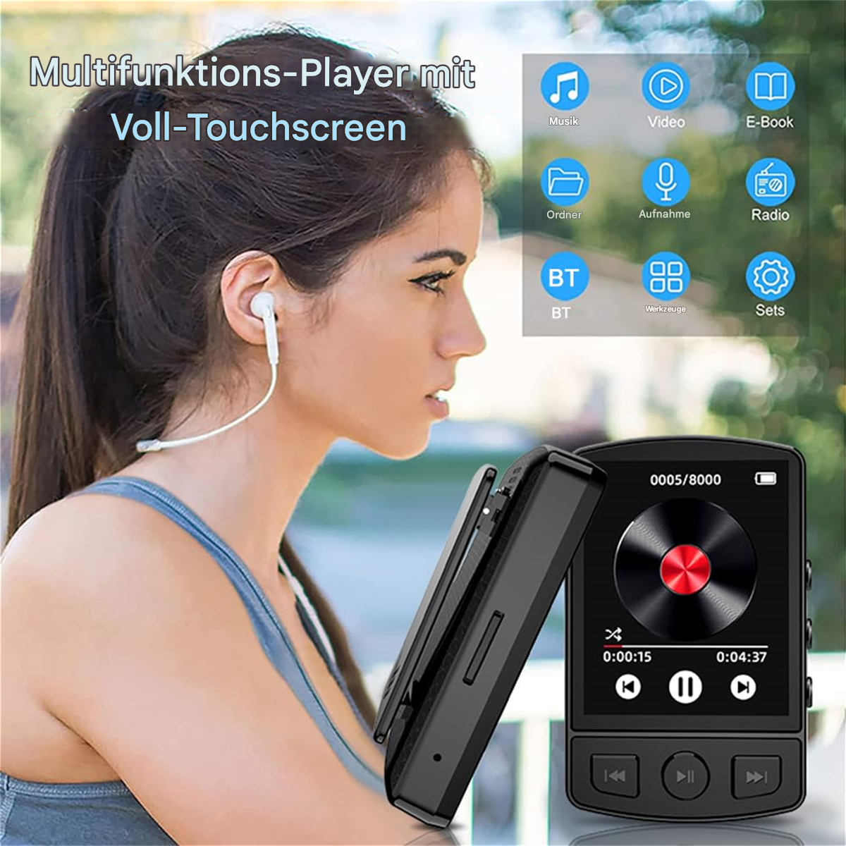 Eine Frau hält einen Musik-Player. Buttons für Musik, Video und andere Optionen sind sichtbar.