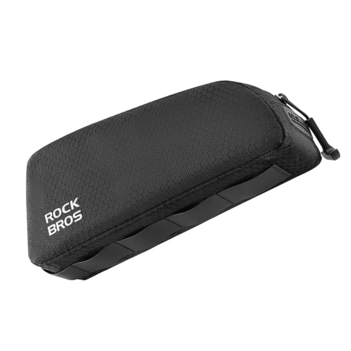 Schwarze Fahrradtasche. Sechseckmuster. "ROCK BROS" auf der Seite gedruckt. Reißverschluss oben.