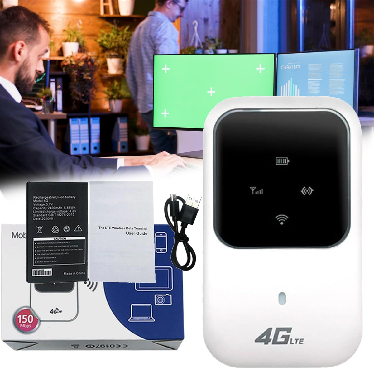 Eine Person arbeitet am Computer, mit einem WLAN-Gerät und Zubehör auf dem Schreibtisch.