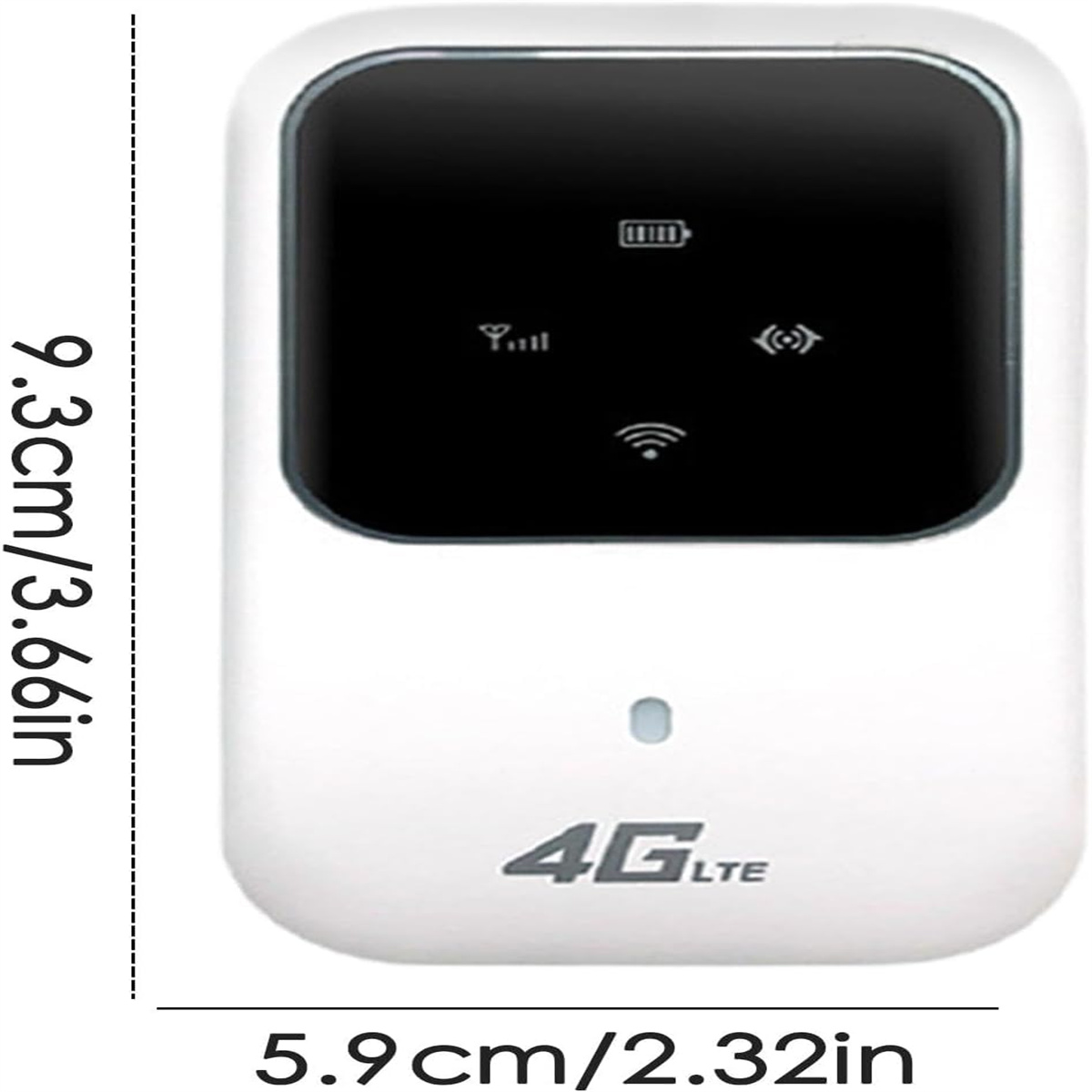 Ein weißes 4G LTE WLAN-Gerät mit Abmessungen in cm und Zoll.