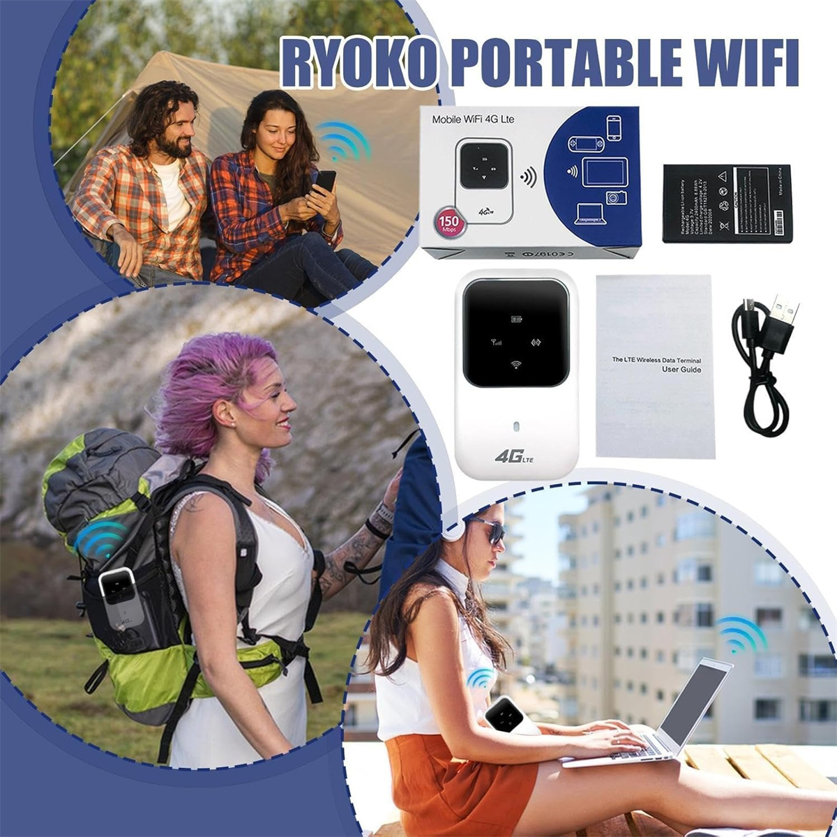 Leute, die WLAN-Geräte benutzen. Enthält einen Laptop und ein mobiles WLAN-Gerät mit Zubehör.