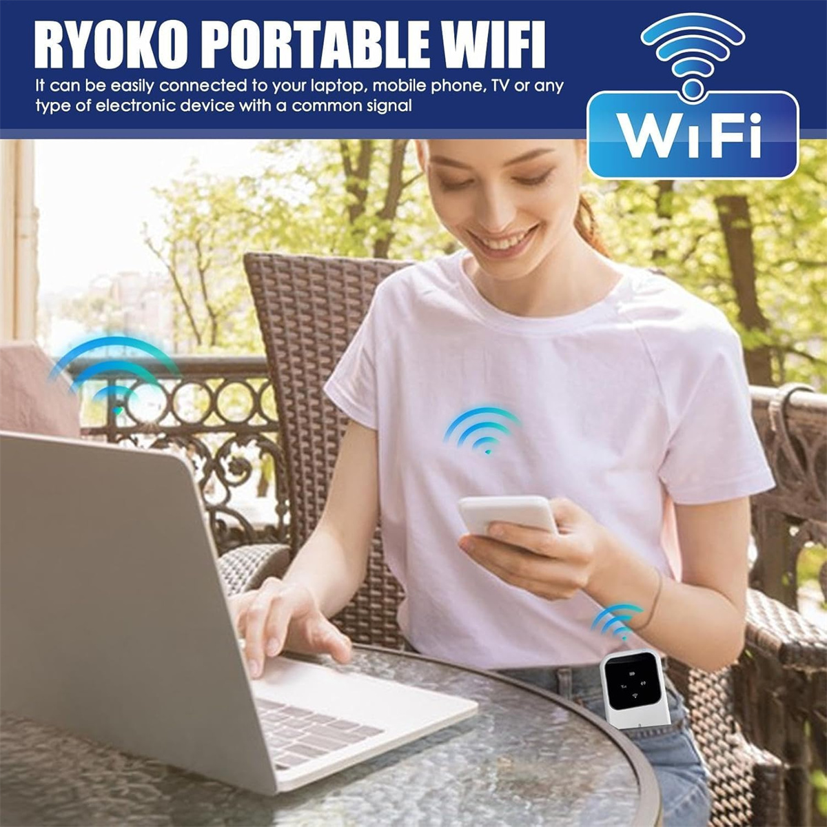 Frau benutzt Laptop und Telefon mit WLAN-Signal. Enthält ein WLAN-Gerät auf einem Tisch und ein WLAN-Symbol.