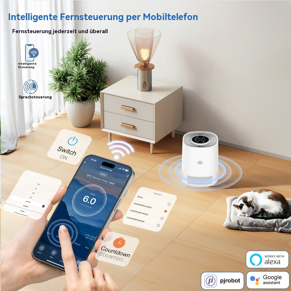 Smart-Home-Setup, Telefon mit App, Luftreiniger, Katze auf Bett.