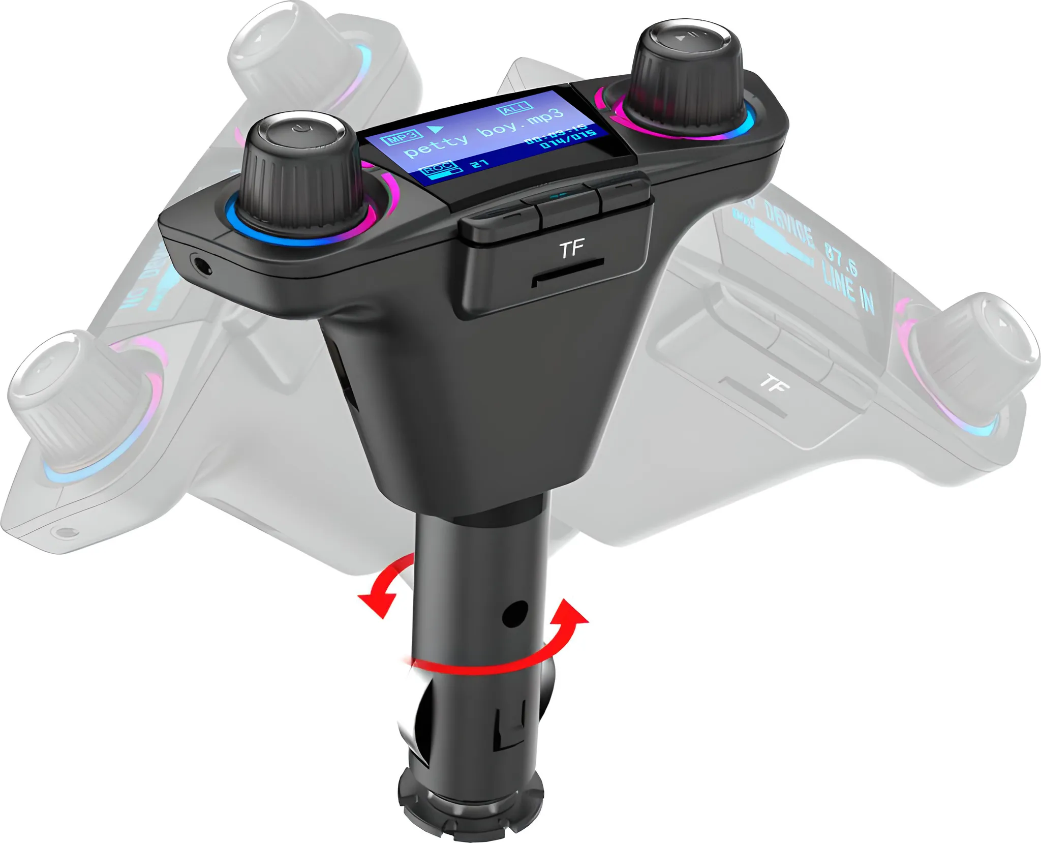 Ein schwarzer MP3-Player für das Auto mit drehbarer Basis und Drehknöpfen. Pfeile zeigen die Drehbewegung an.