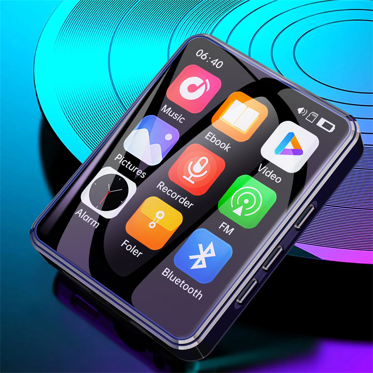 Schwarzer MP3-Player auf einem lebendigen Hintergrund mit Musiksymbolen auf dem Bildschirm.
