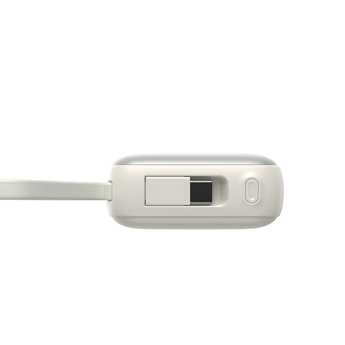 Białe urządzenie ładujące z portem USB i małym światłem. Białe tło.