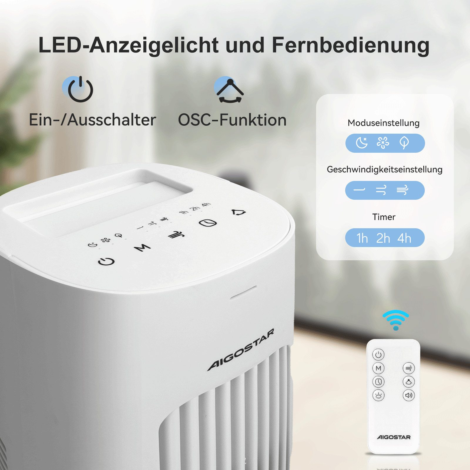 Panel de control del ventilador blanco con iconos de configuración y mando a distancia.