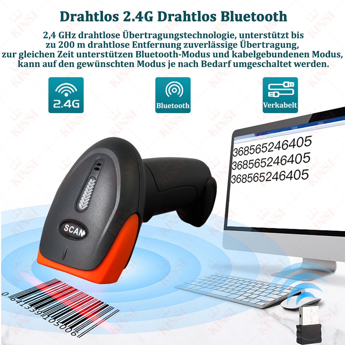 Ein schwarz-oranger Barcodescanner mit rotem Licht, der einen Barcode scannt.