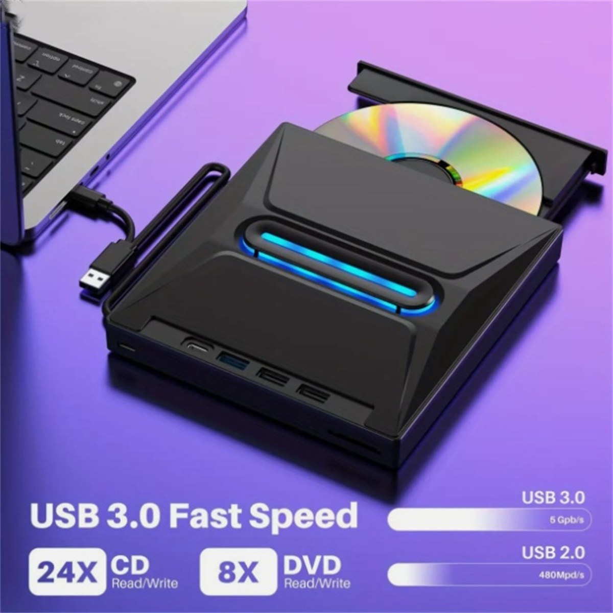 Schwarzes externes DVD/CD-Laufwerk, an einen Laptop angeschlossen. Text: USB 3.0 Fast Speed.