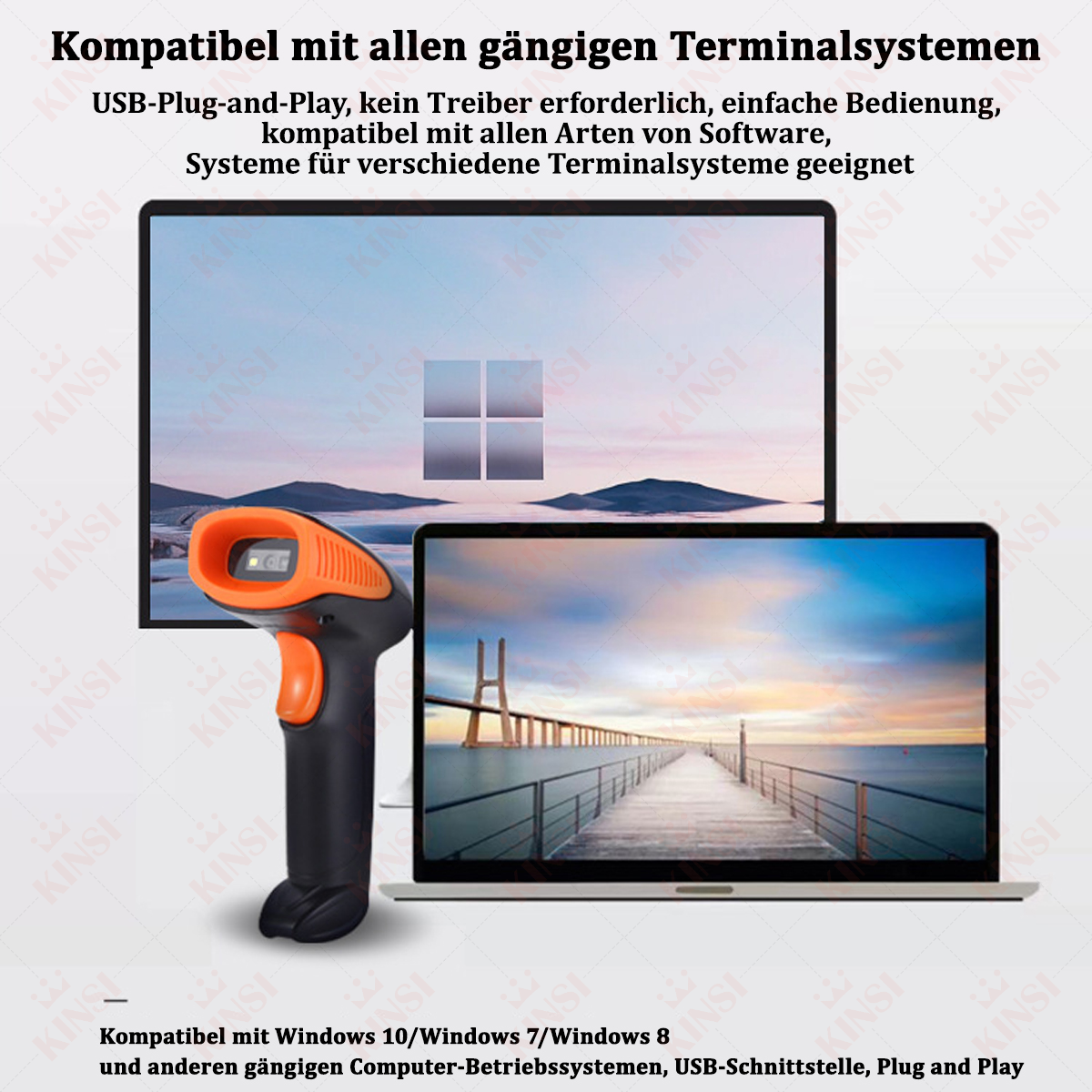 Scanner und Laptop mit Brückenbild. Text: Kompatibel mit allen gängigen Terminalsystemen.