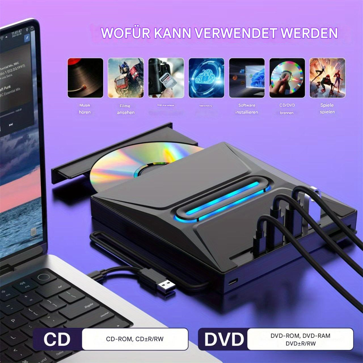 Ein DVD/CD/DVD-ROM, CD-ROM, CD±R/RW-Player mit einem Laptop links.