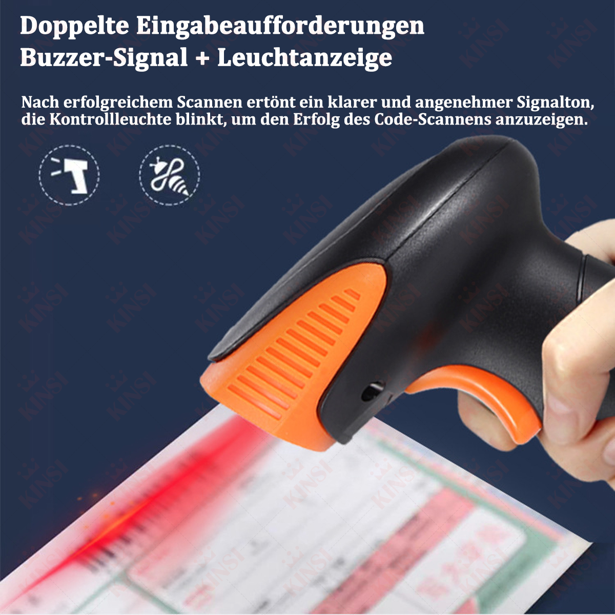 Schwarz-oranger Barcode-Scanner scannt ein Papier. Zeigt ein rotes Licht.