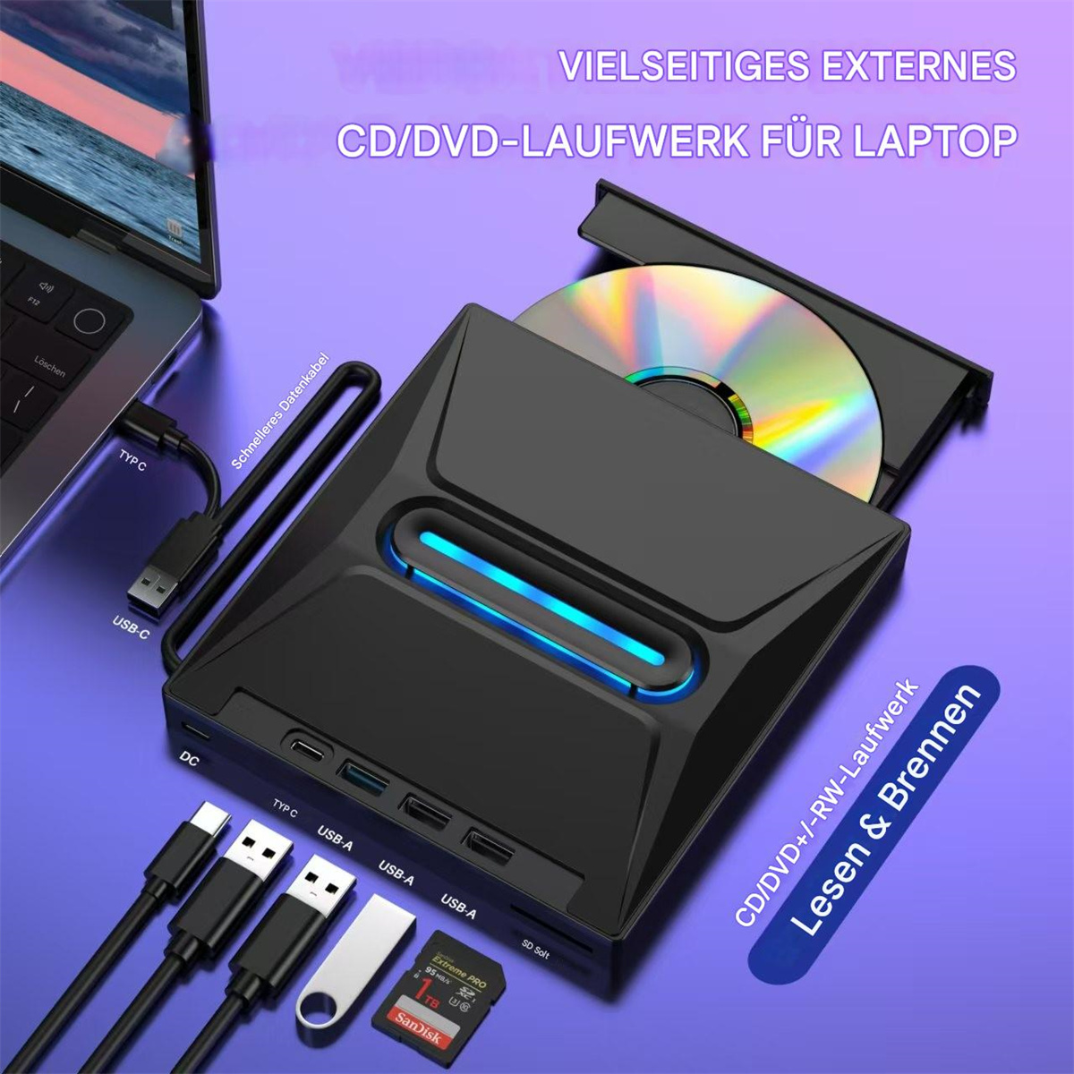 Schwarzes externes DVD/CD-Laufwerk, an einen Laptop angeschlossen. Text: CD/DVD+/-RW-Laufwerk.
