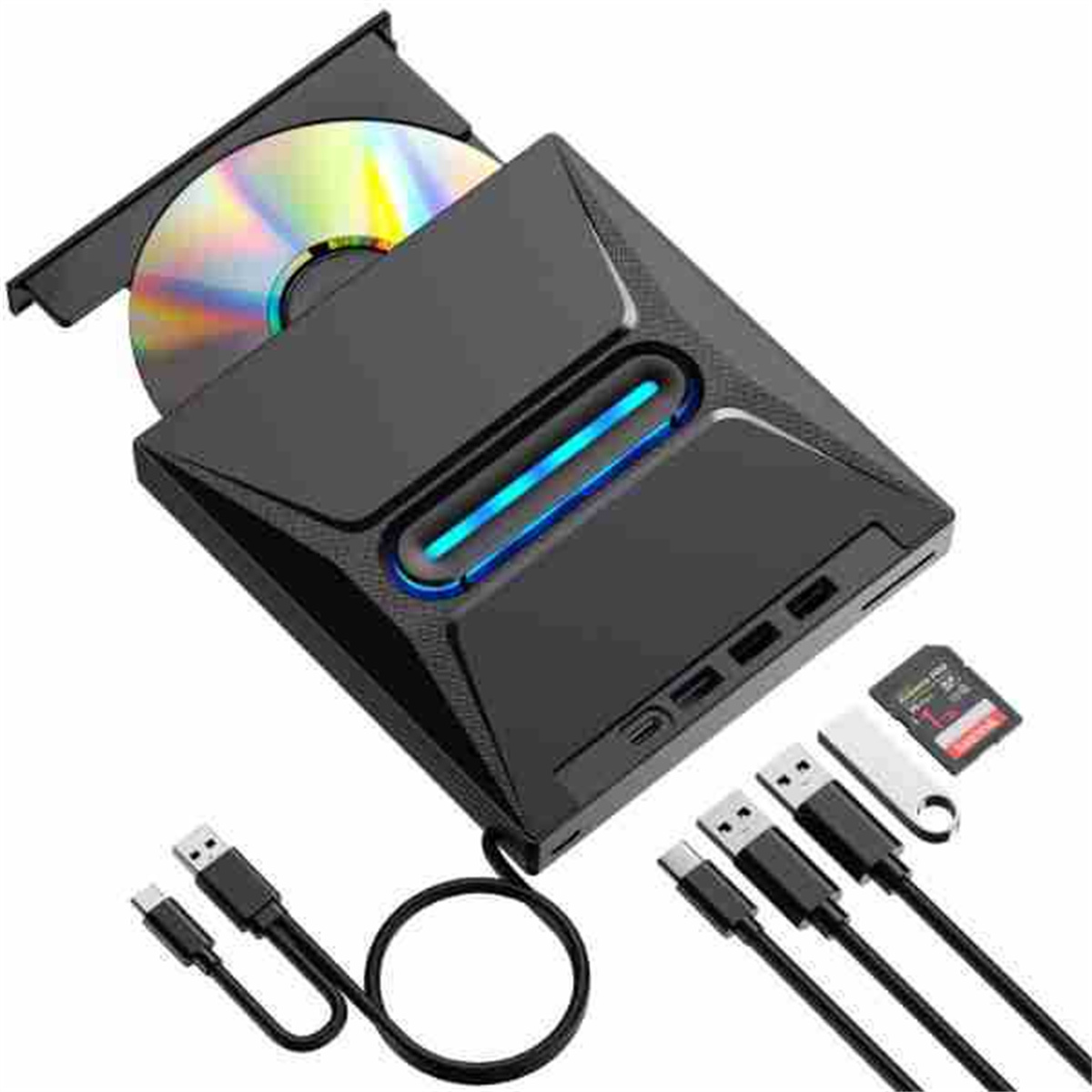 DVD-ROM, DVD±R/RW-Player. Hat SD-Karten- und USB-Anschlüsse sowie drei schwarze Kabel.