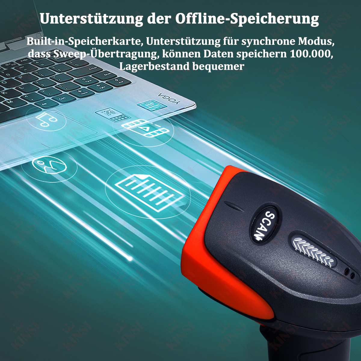 Scanner und Laptop mit blauem Lichteffekt. Text: Unterstützung der Offline-Speicherung.