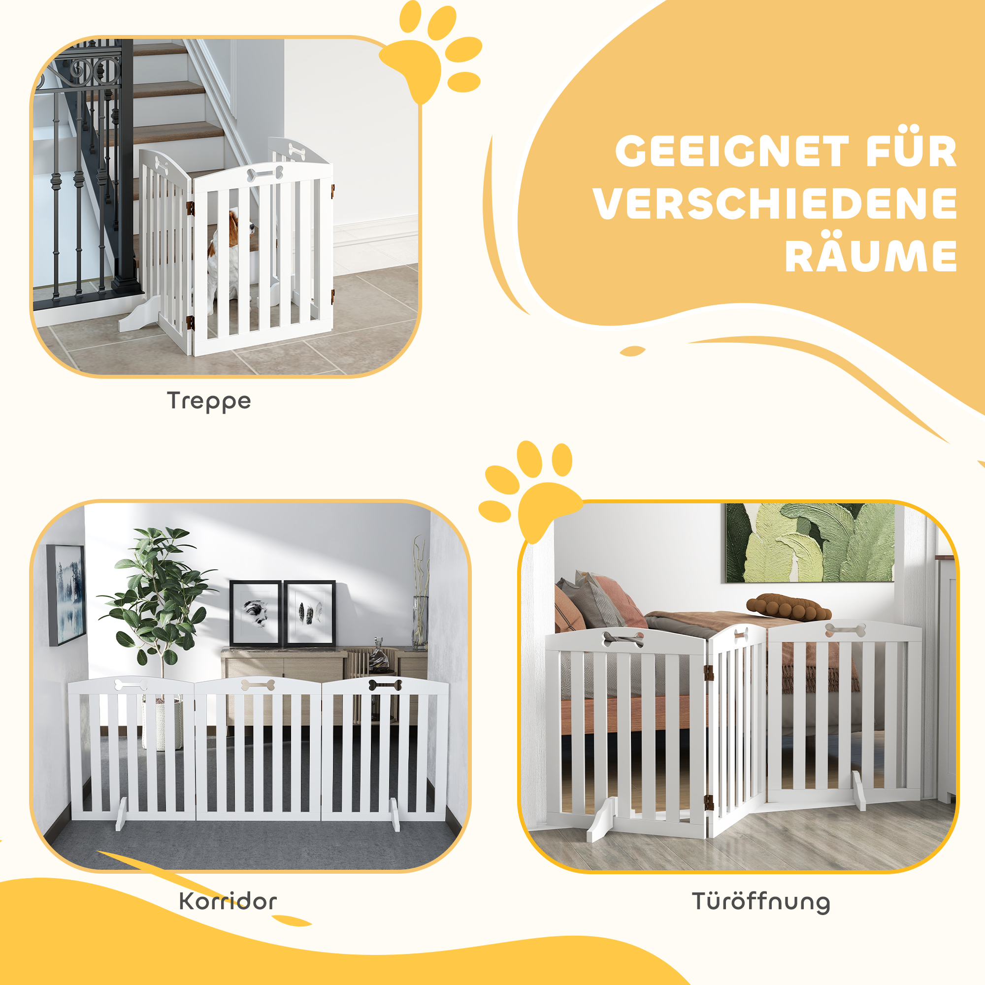 Weiße Haustiertür in drei verschiedenen Umgebungen: Treppe, Flur und Türöffnung.