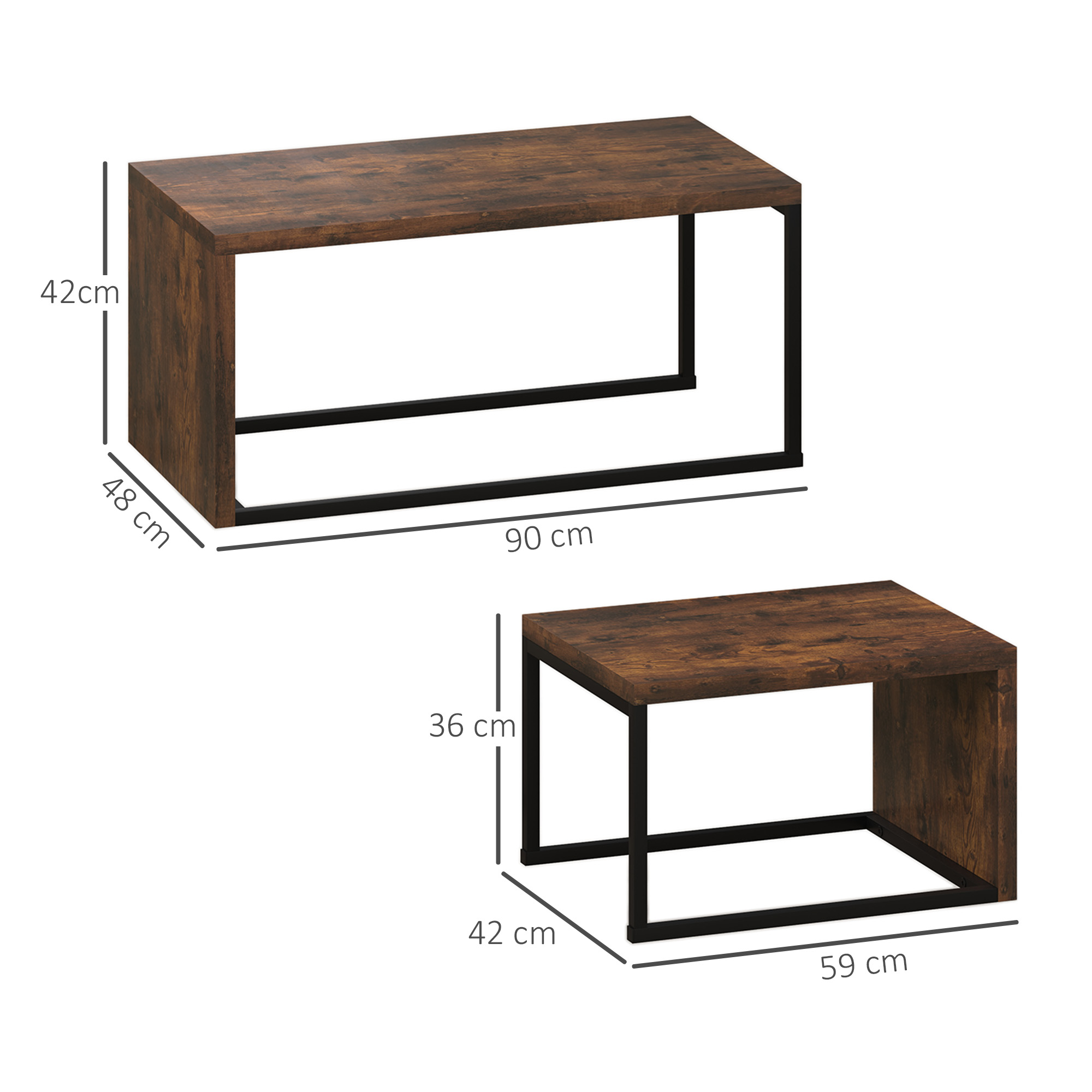 Abmessungen von zwei Couchtischen aus Holz mit schwarzen Metallrahmen werden angezeigt.