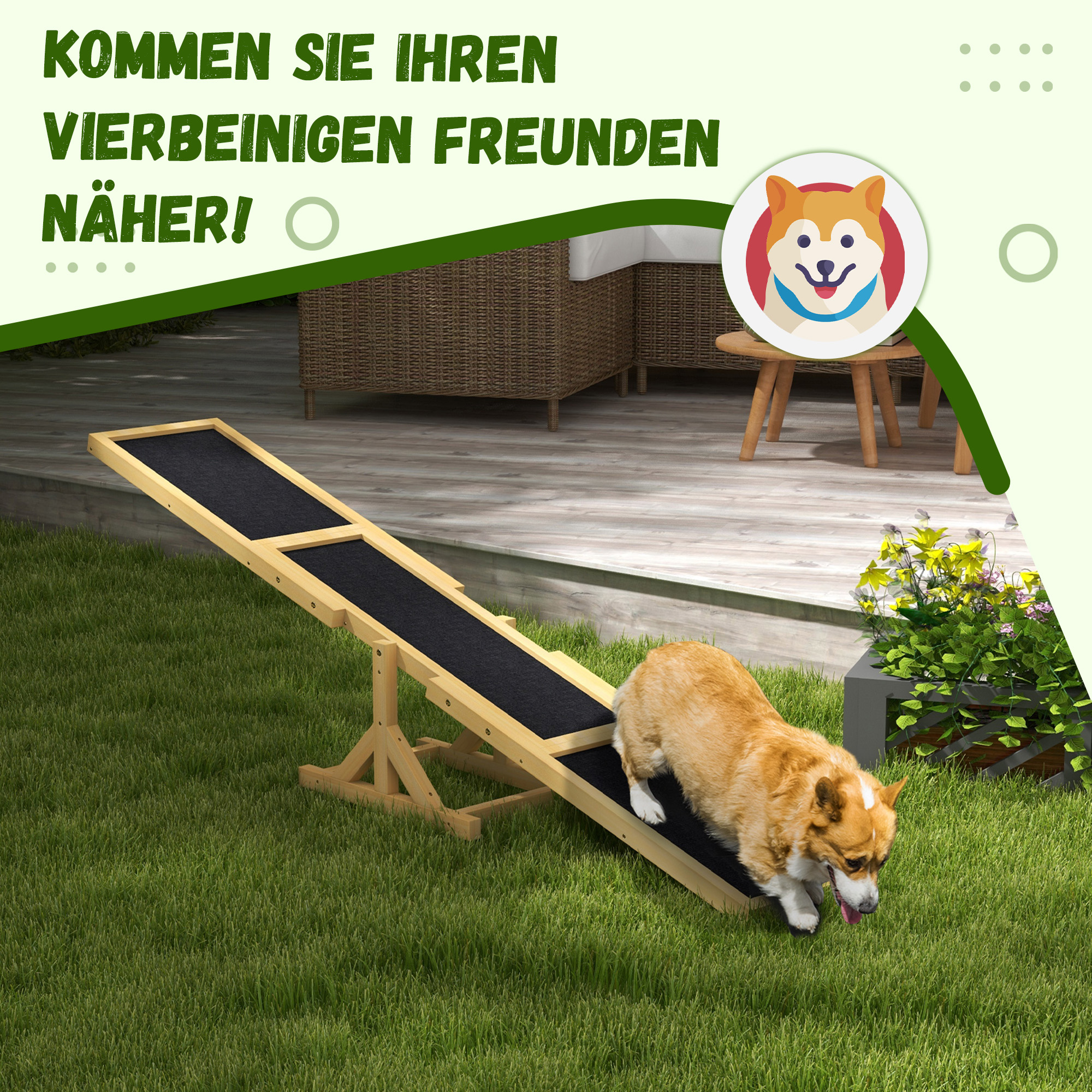 Hund auf Holzwippe, grünes Gras, Text auf Deutsch.