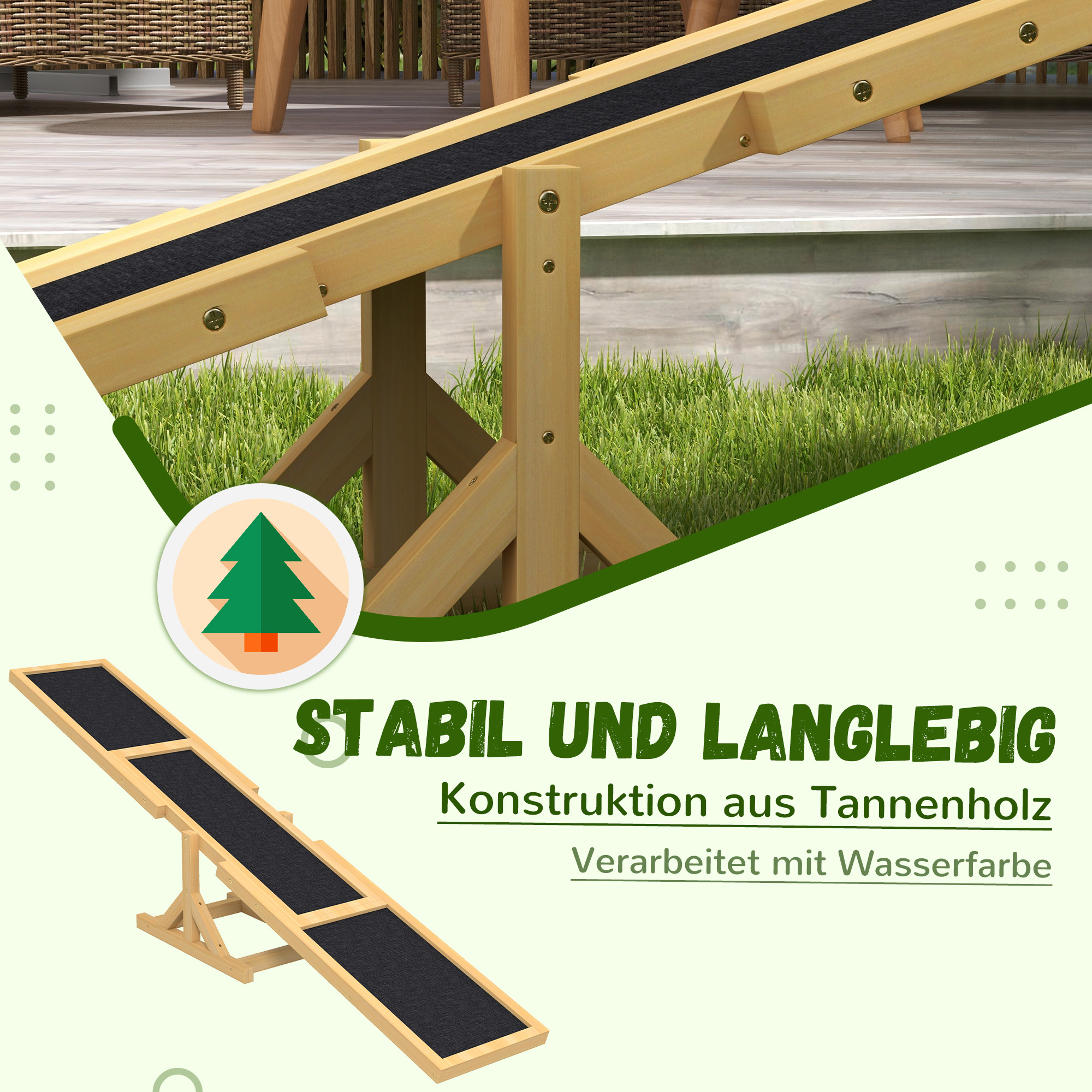 Wippe für Hunde aus Holz mit schwarzer Oberfläche. Text: stabile und langlebige Konstruktion.