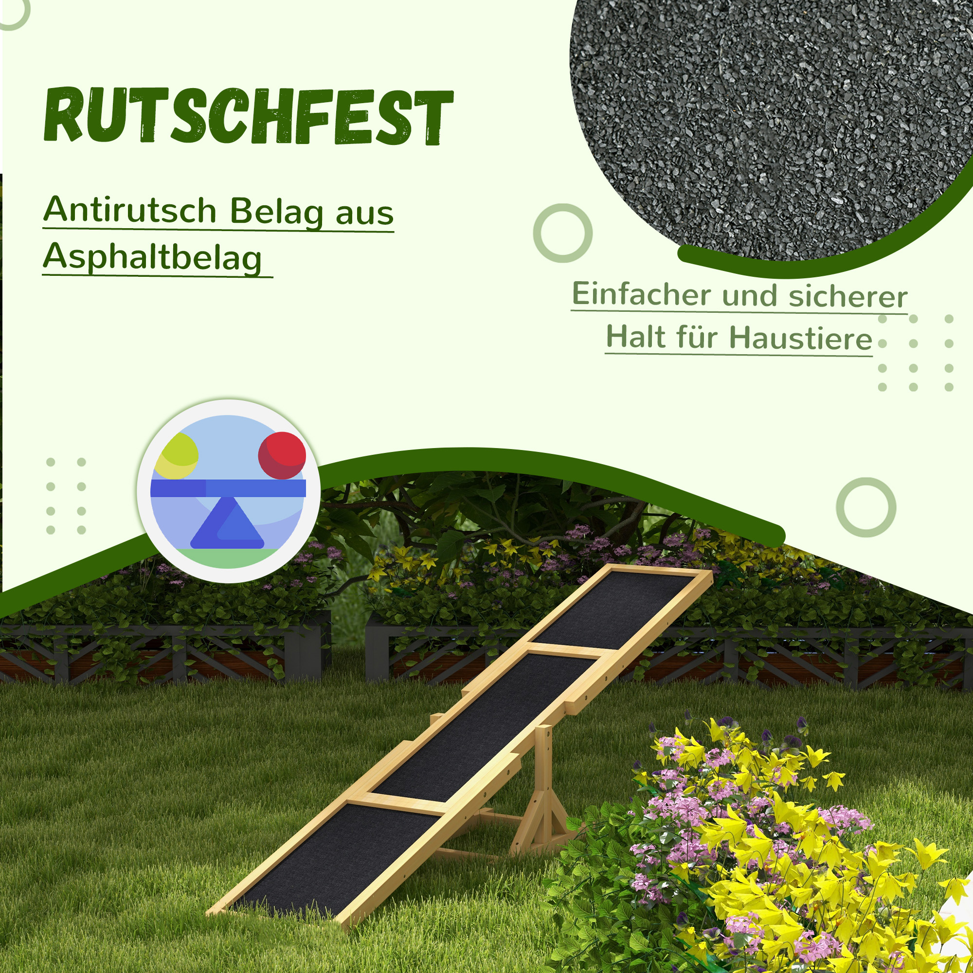 Hunderampe mit rutschfester Oberfläche, Grafik mit Waage und Text.