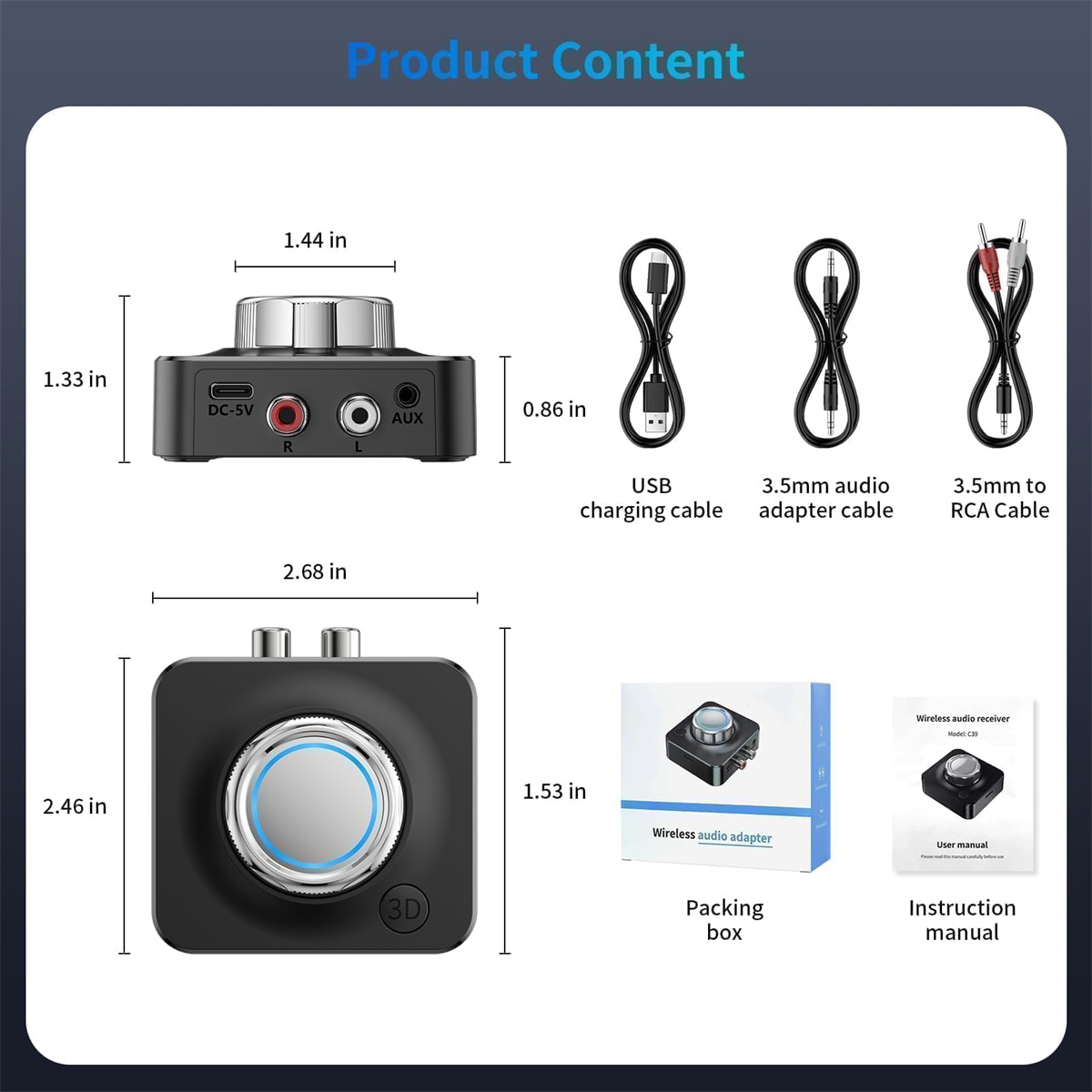 Produktinhalt-Layout mit einem drahtlosen Audioadapter, Kabeln und einer Bedienungsanleitung.