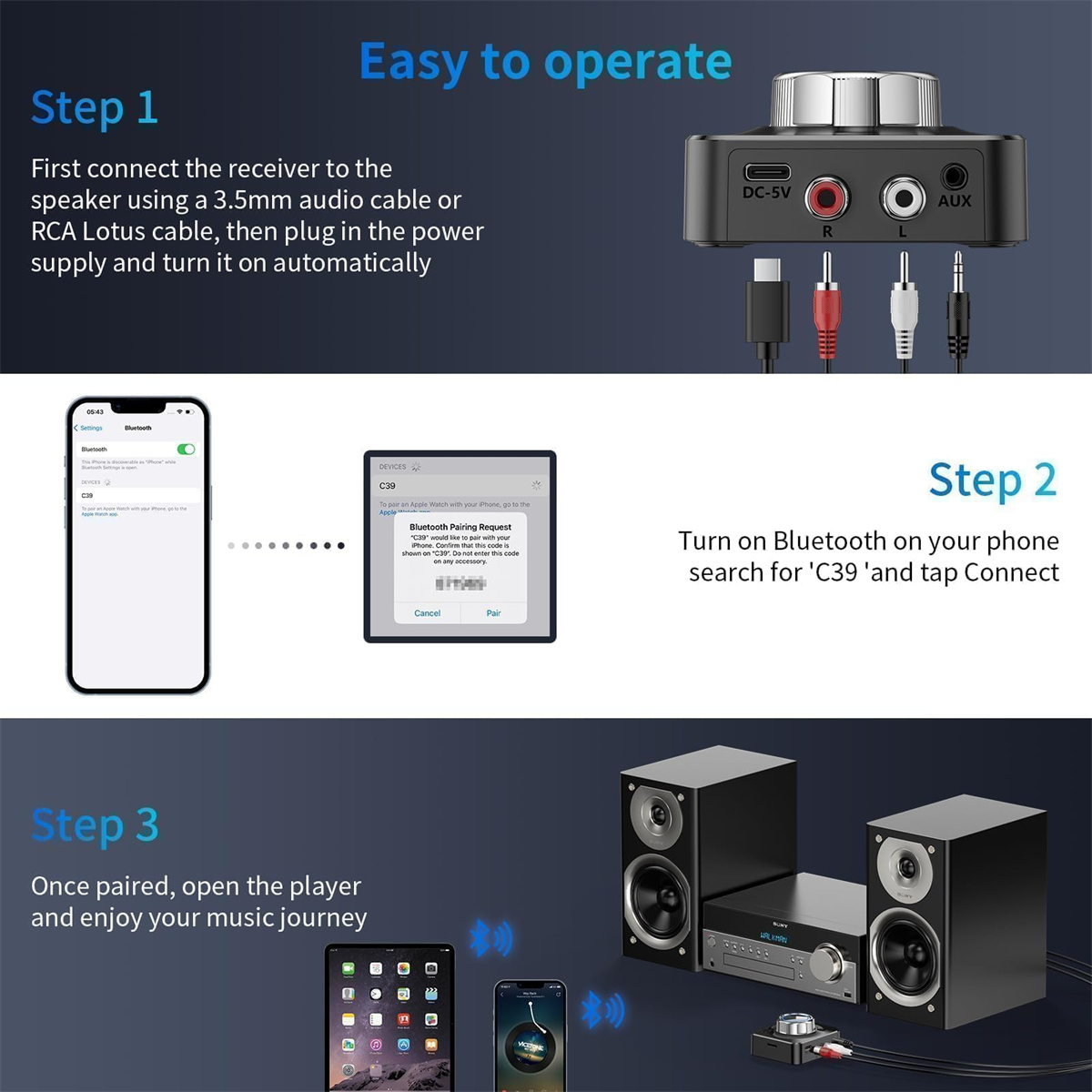 Diagramm zur Bluetooth-Gerätekopplung. Schritte zeigen Verbinden, Koppeln und Musikwiedergabe mit Lautsprechern.