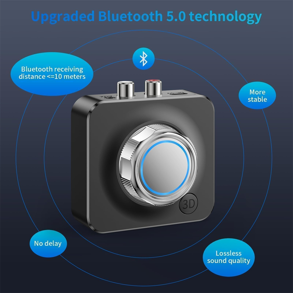 Schwarzer Bluetooth-Audioempfänger mit Knöpfen und Text.