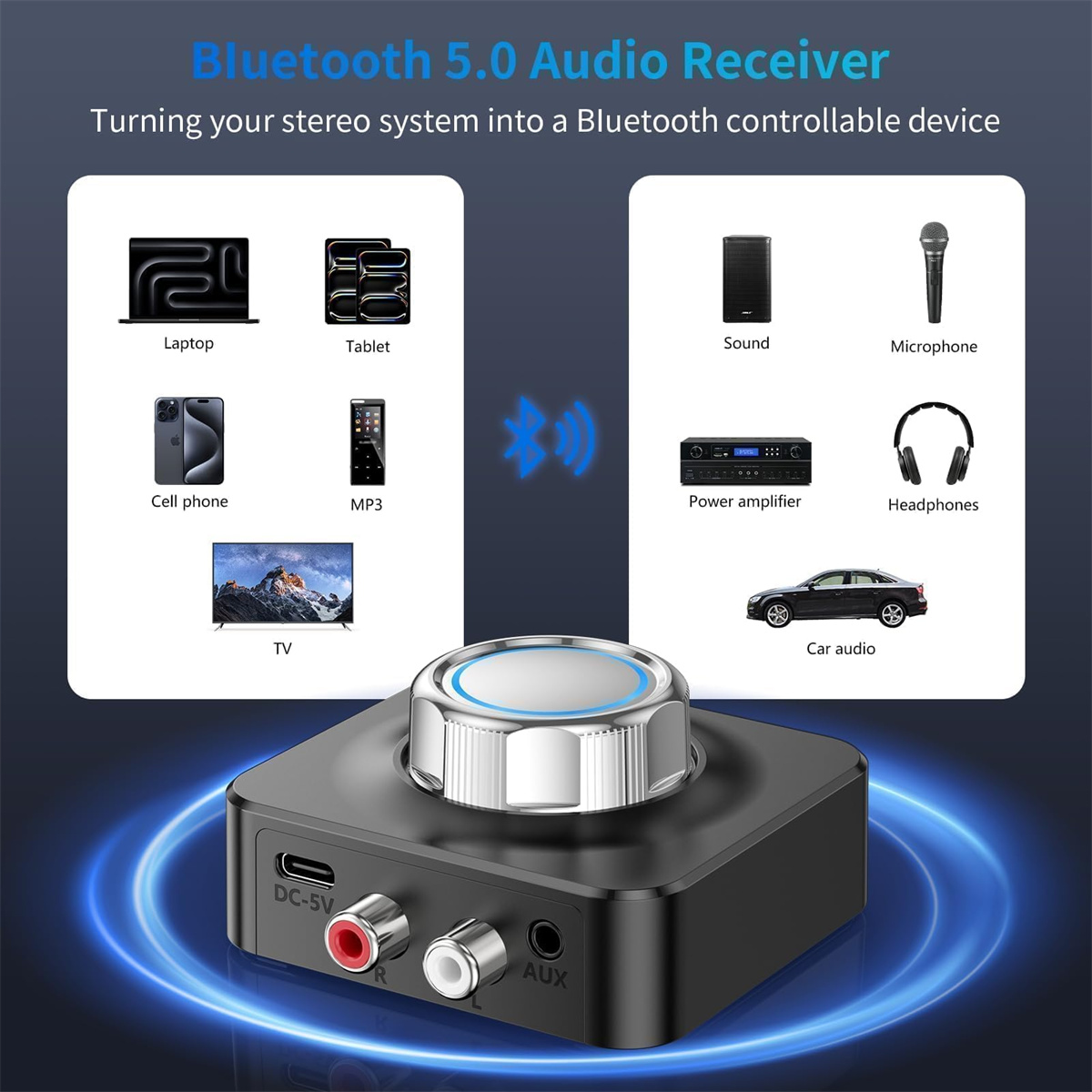 Schwarzer Bluetooth-Audioempfänger, Anschlüsse, Etiketten und Symbole.