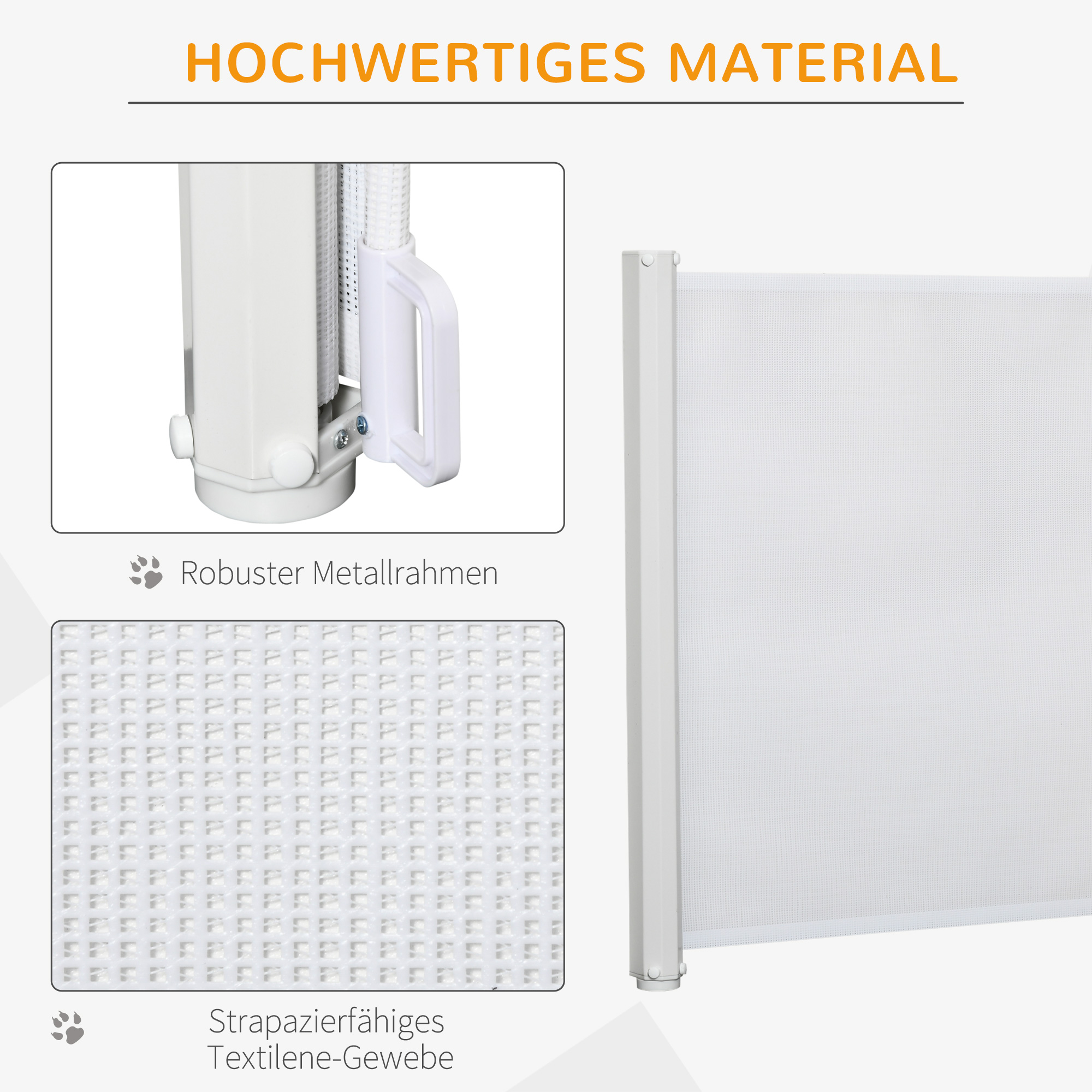 Weißes, einziehbares Babygitter mit Detailaufnahme von Metallrahmen und Gewebestruktur.
