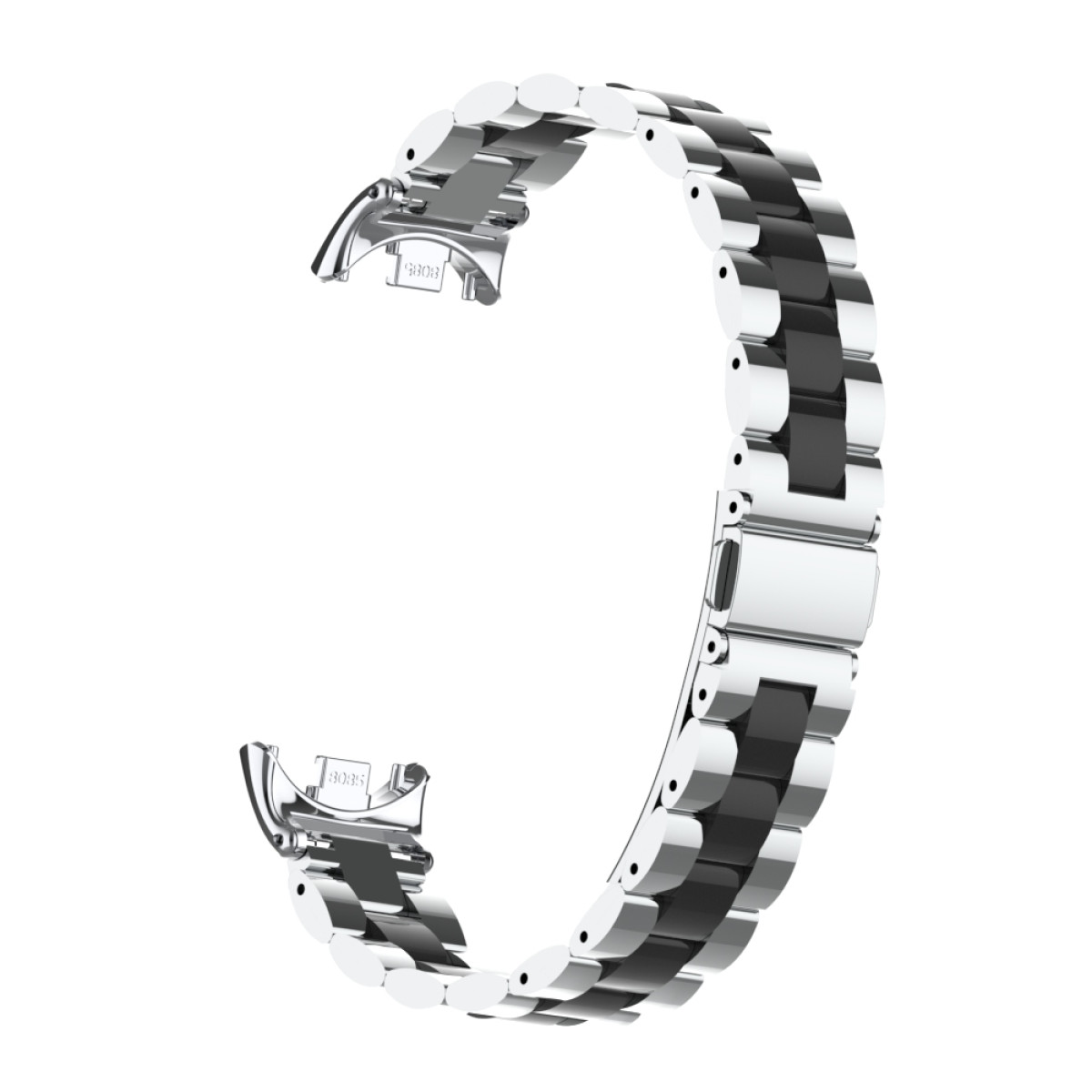 Ein silbernes und schwarzes Uhrenarmband mit Metallgliedern, das eine Kurve bildet.