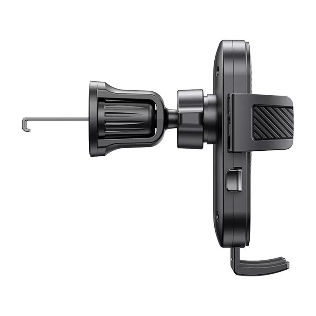 Czarny uchwyt samochodowy na telefon, widok z boku, z regulowanym zaciskiem i mocowaniem do deski rozdzielczej lub kratki wentylacyjnej.