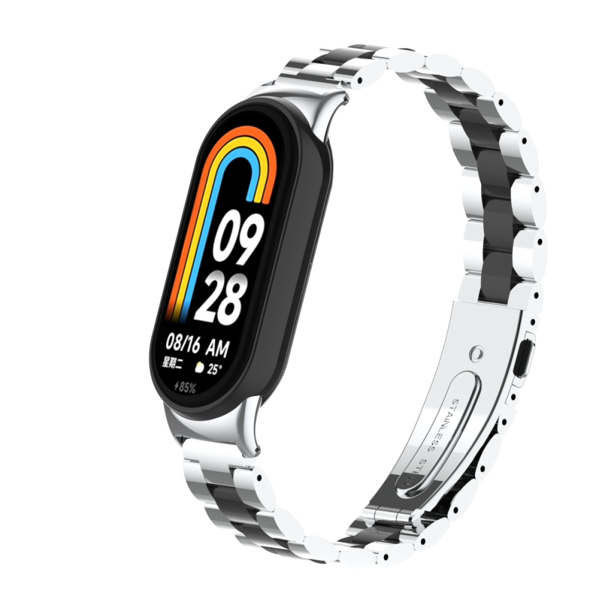 Smartwatch mit schwarzem Bildschirm, der Zeit und Metriken anzeigt, verbunden mit einem Metallarmband mit Verschluss.
