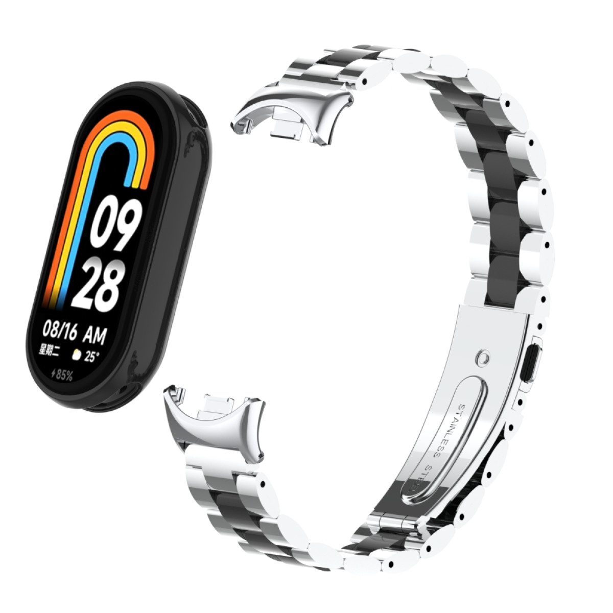 Silbernes Edelstahl-Armband, schwarzes Zifferblatt mit Zeit- und Datumsanzeige, abgetrennt.