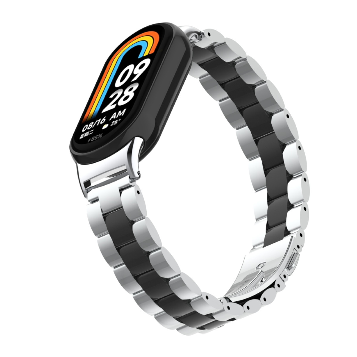 Smartwatch mit schwarzem Bildschirm, der Datum und Uhrzeit anzeigt, silbernes und schwarzes Metallgliederband.