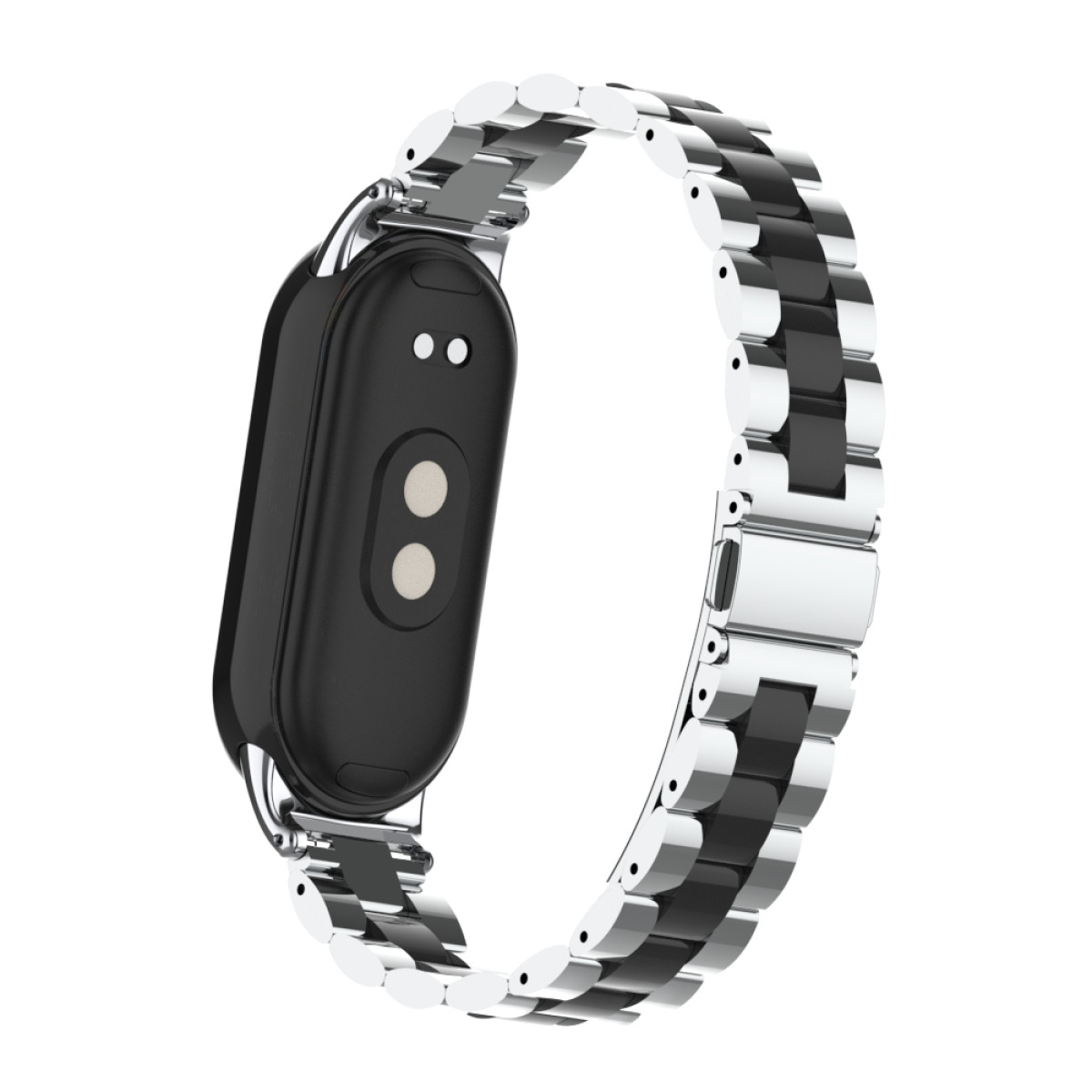 Smartwatch mit schwarzem Gehäuse und silbernem Metallgliederband, Rückansicht mit Sensoren.