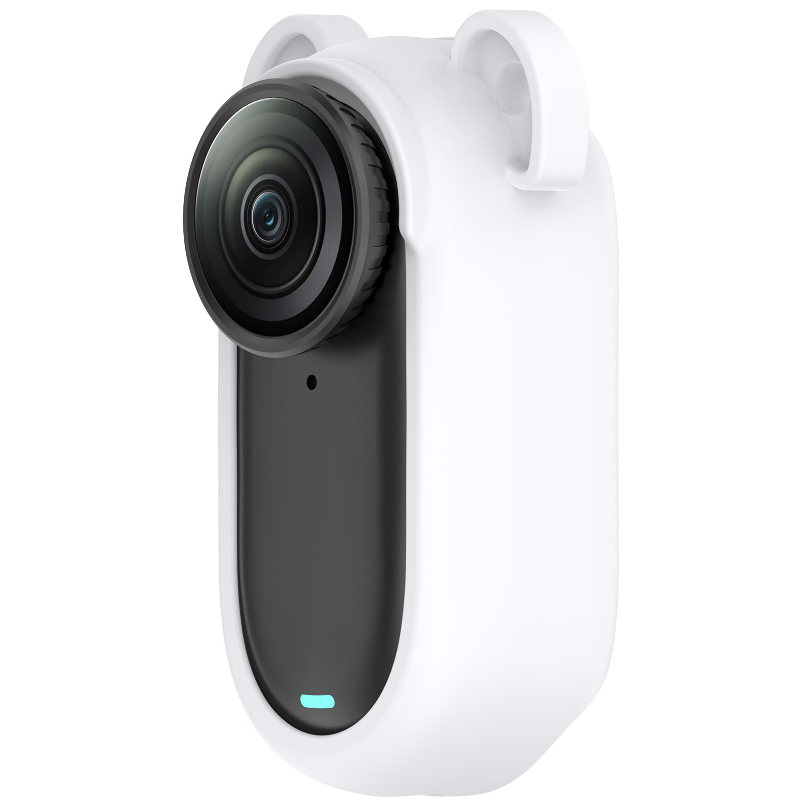 Una custodia protettiva bianca per una piccola fotocamera con obiettivo e una piccola luce blu.