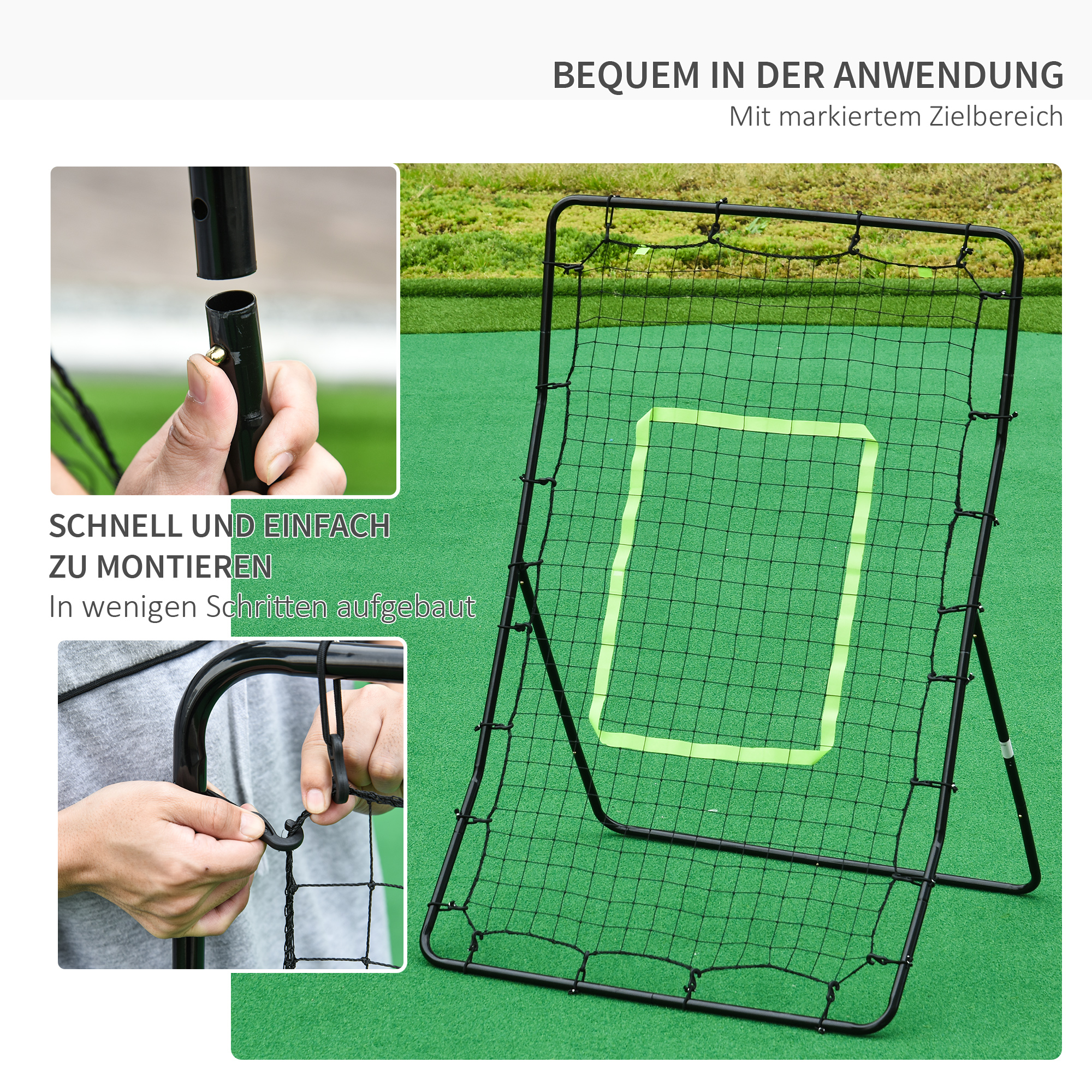 Nahaufnahme eines Netzes und einer Person, die ein Baseballnetz zusammenbaut. Es hat einen grünen Hintergrund und etwas Text.